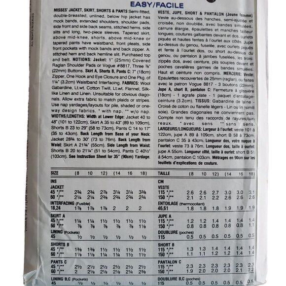 Vintage 90s Vogue Pattern 8181 Uncut Jacket Double Breasted Skirt Pants 8 10 12 - Picture 4 of 4